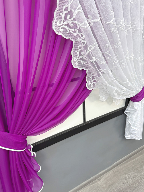 Кухонні шторки VR-Textil № 101к з підв'язками фуксія з білим 300х170 см (52-1226) Київ - фото 6