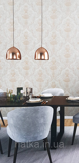 Шпалери вінілові на флізеліні Rasch Golden Hour метрові вензель завитки золотисті на сірому Київ - фото 1