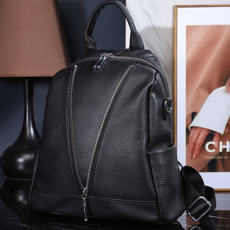 Рюкзак жіночий шкіряний з ременем 22х28х11, наплічна сумочка для дівчини студентки, чорна Київ - фото 7