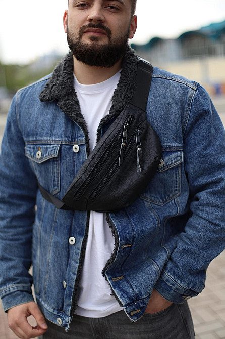 Бананка із натуральної шкіри, шкіряна сумка на пояс SKILL Two Line (Чорна) Суми - фото 6