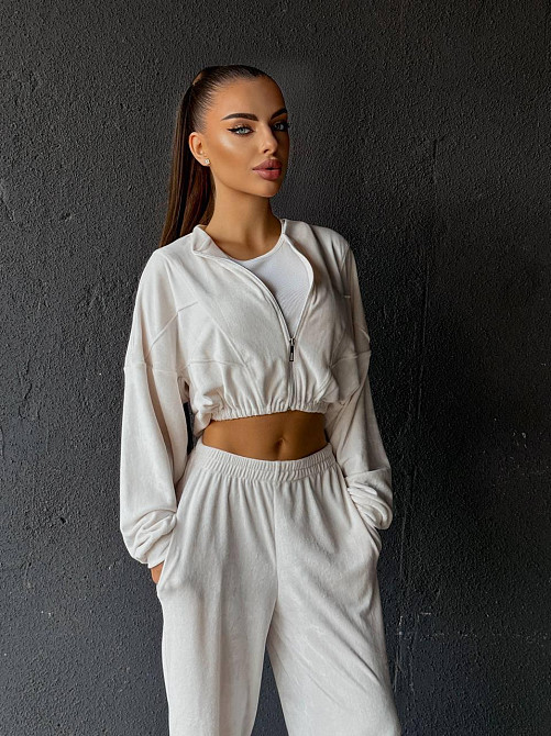 Женский прогулочный костюм двойка: кофта и штаны велюр мрамор Молочно-серый, 44/46 Одесса - изображение 9