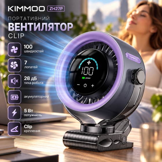Портативний вентилятор KIMMOO ZH27P Clip, 100 швидкостей, 7 лопатей, 5 Вт, 28 дБ, акумуляторний, сірий Київ