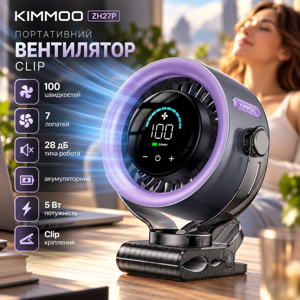 Портативний вентилятор KIMMOO ZH27P Clip, 100 швидкостей, 7 лопатей, 5 Вт, 28 дБ, акумуляторний, сірий Київ - фото 1