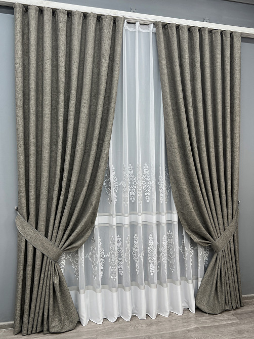 Комплект штор VR-Textil Лен ALORA-TON 200х270 2шт и Тюль 500х270 1871ш-1701т Серый с белым 71-202/6 Киев - изображение 2