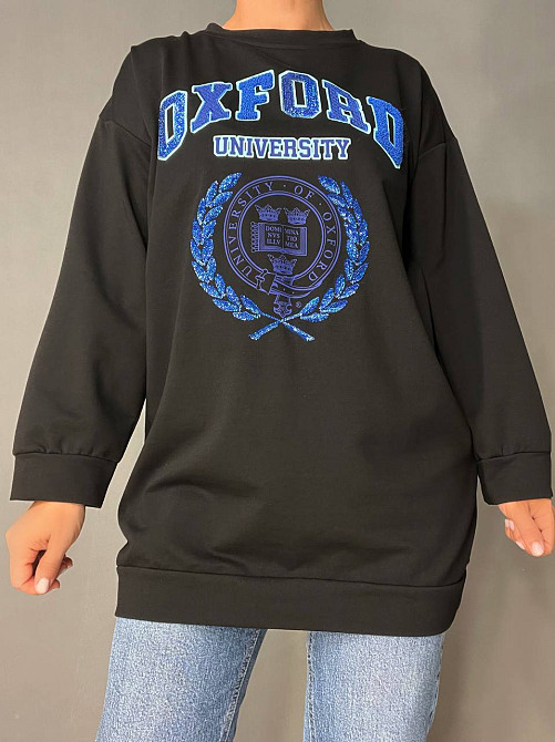 Свитшот женский LSK 6011 удлиненный оверсайз туника с вышивкой Oxford, черный, one size Киев - изображение 4