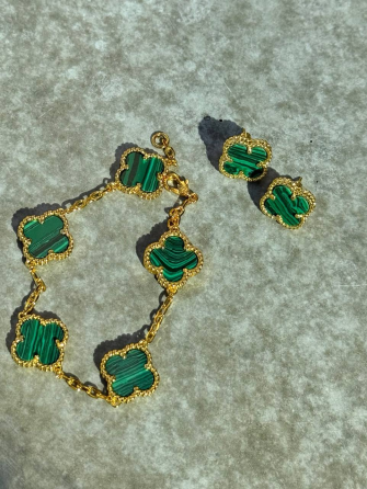 Van Cleef сережки та браслет / набор зелений під малахіт / лимонне золото / проба AU 750, гравіювання Одеса