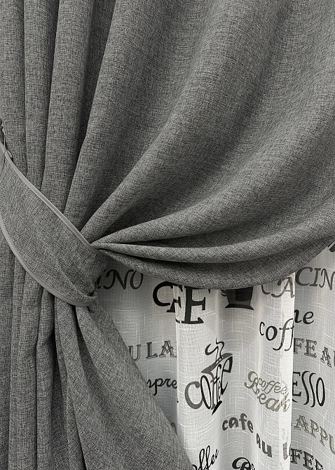 Комплект штор VR-Textil Лен Мешковина 100х270 2шт и Тюль 300х270 108ш-1791т Серый с белым 71-061/1 Киев - изображение 4