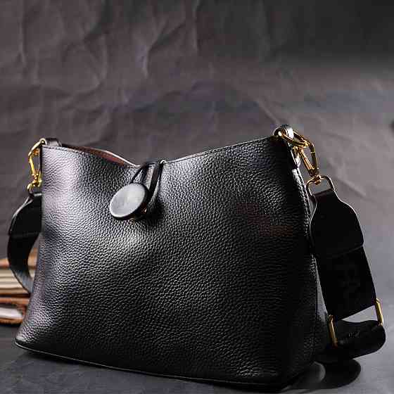 Женская сумка с оригинальной застежкой пуговкой из натуральной кожи Vintage 22319 Черная Киев