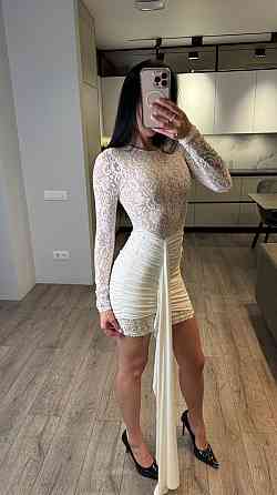 Женское романтичное мини платье со шлейфом кружево + трикотажная подкладка Молочный, 42/44 Одесса