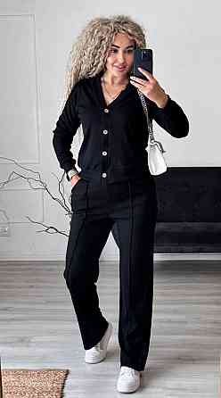 Женский стильный повседневный костюм двойка: кардиган на пуговицах + брюки трикотажный рубчик Черный, 52/54 Одесса