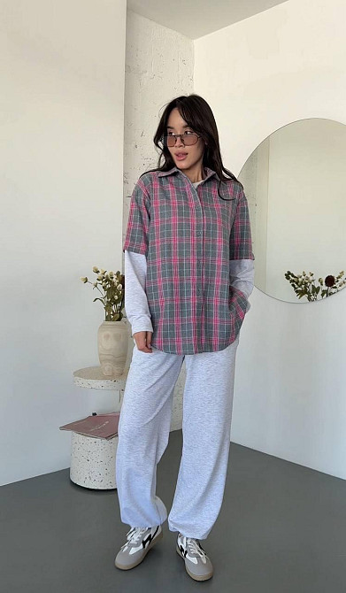Женский повседневный костюм двойка: рубашка в клетку и штаны турецкая фланель + двунитка Одесса - изображение 1