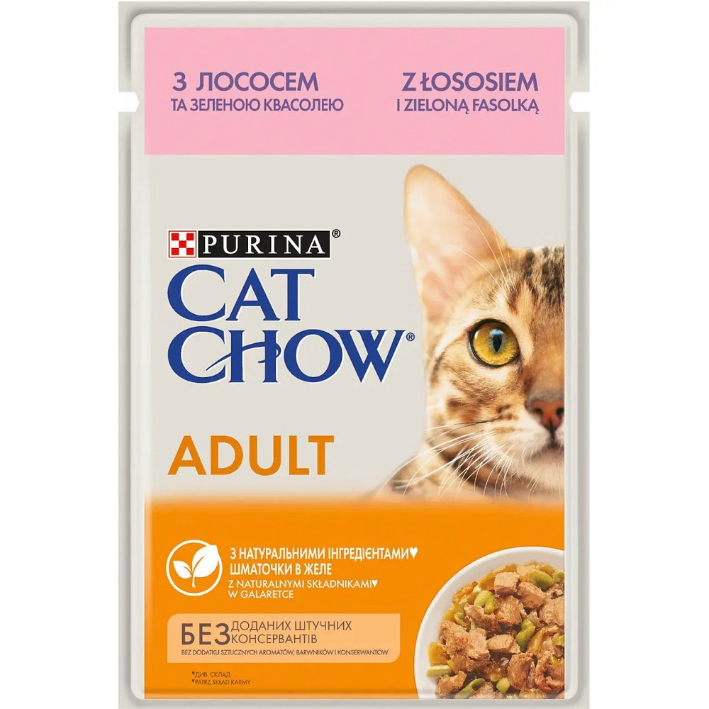 Вологий корм CAT CHOW Adult для дорослих котів, шматочки в желе, з лососем та зеленою квасолею, 85 г Київ - фото 1