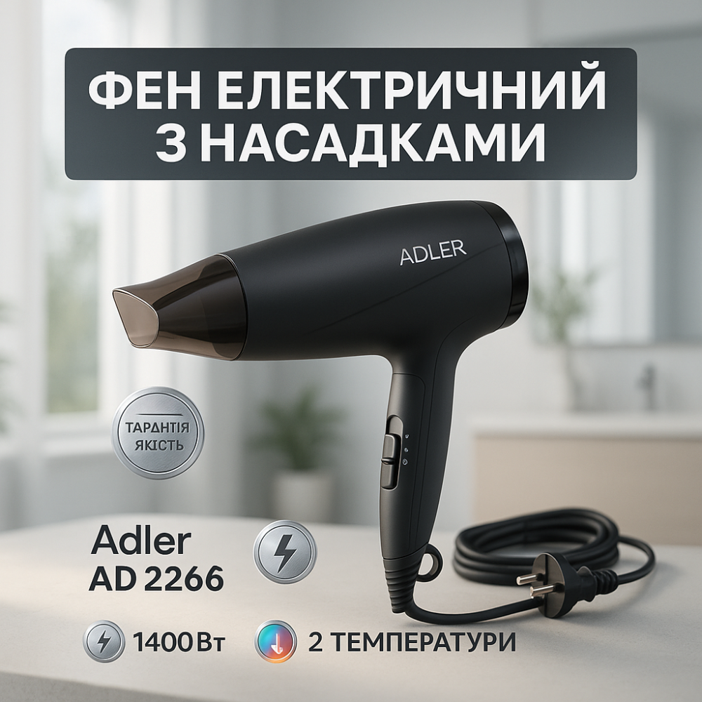 Удобный фен для домашнего использования Adler AD 2266 1400Вт, Женский мощный фен для укладки волос UQ-37 Львов - изображение 7