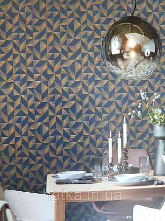 Обои виниловые на флизелине Marburg 31844 New modern геометрия полоски веером золотые фигуры темно синие Киев