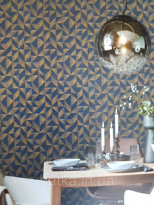 Шпалери вінілові на флізелін Marburg 31844 New modern геометрія смужки віялом золоті фігури темно сині Київ - фото 2