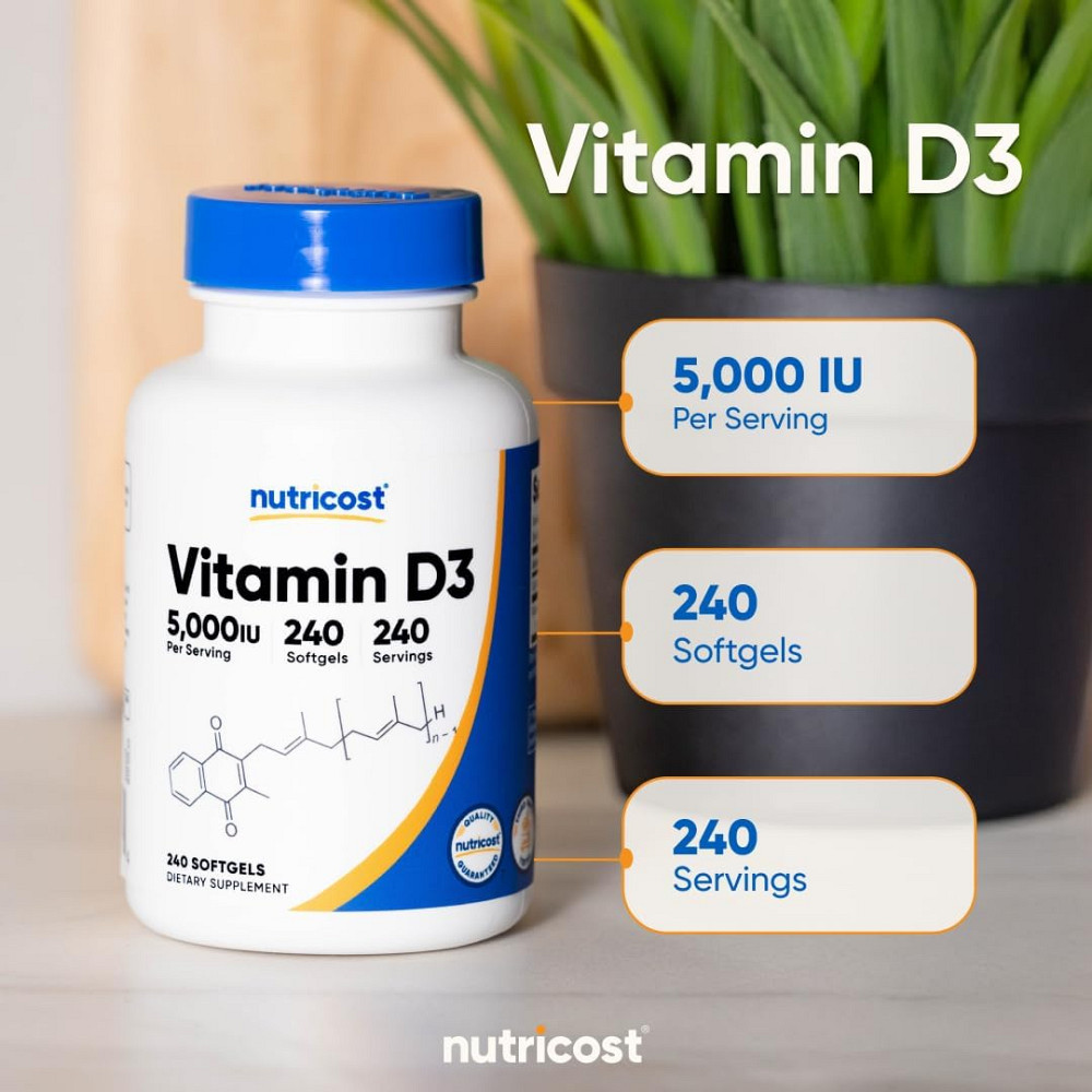 Витамин D3 Nutricost Vitamin D3, 5000 IU, 240 Softgels Луцк - изображение 3