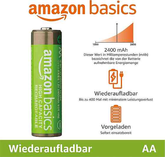 Батарейки Amazon Basics AA 2400mAh NiMH 1.2V 16 шт серебристые перезаряжаемые до 400 циклов предзаряженные Киев