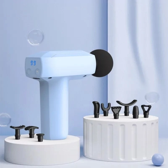 Перкусійний масажний міні пістолет Fascial Gun YJ03 (8 насадок) Блакитний Київ