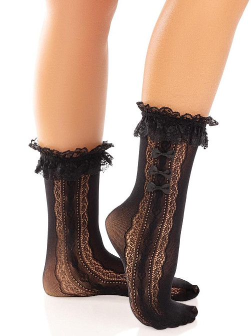 Шкарпетки ажурні Leg Avenue Mini Bow Lace Anklet, чорні, з рюшами, декор — бантики Sex Aura Київ - фото 1
