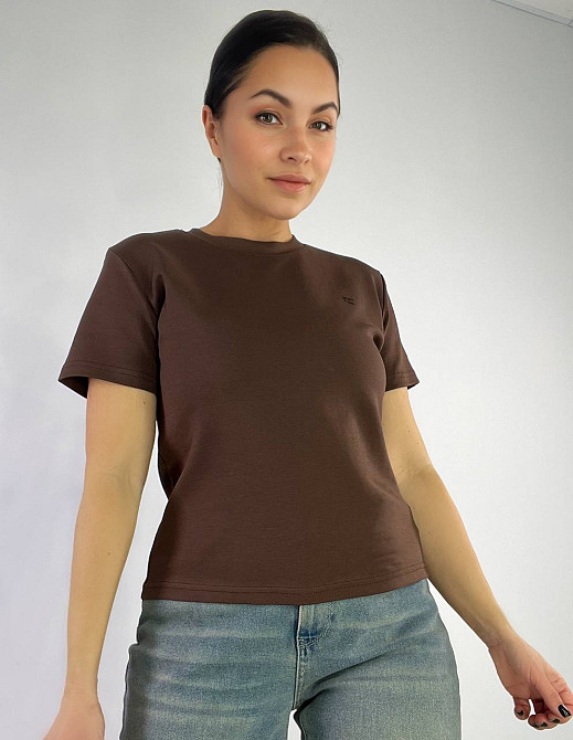 Футболка жіноча A-N 25197 вишивка літера F однотонна базова середня довжина one size, коричневий, one size Київ - фото 17