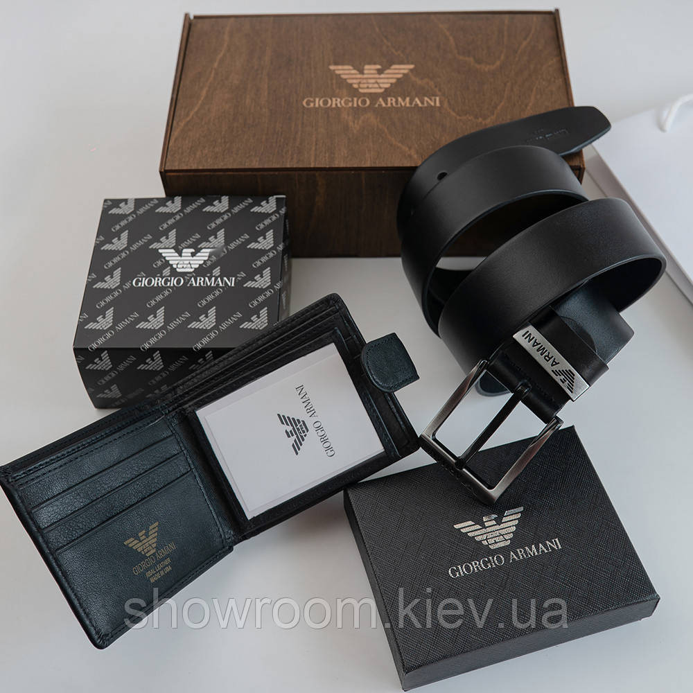 Чоловічий подарунковий набір ремінь та гаманець у дерев'яній коробці Armani (303) Київ - фото 5