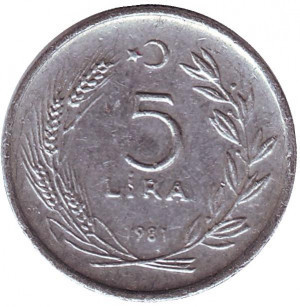 Монета 5 лір. 1981,83 рік, Туреччина. (Г) Полтава - фото 1