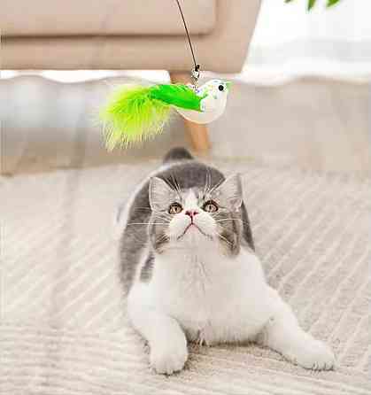 Игрушка для котика на палочке птичка с колокольчиком на присоске 90 см салатовый Киев