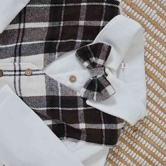 Святковий костюм для хлопчика теплий у коричневу карту (сорочка + жилетка + штани +метелик) 74 Кам'янець-Подільський