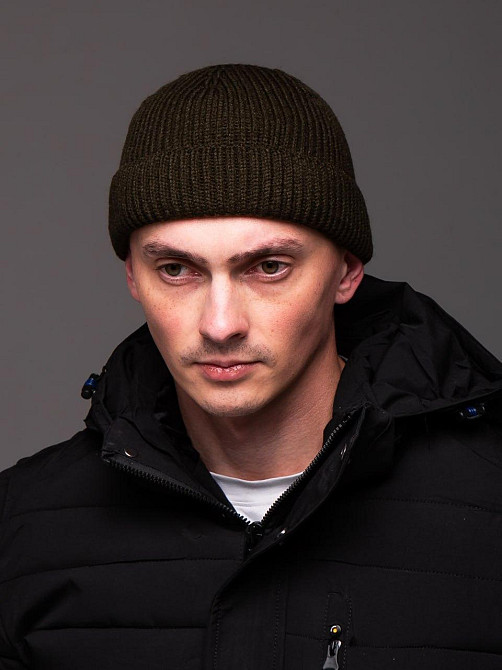 Шапка чоловіча в'язана з відворотом демісезонна докер щільна в'язка зелена Одеса - фото 3