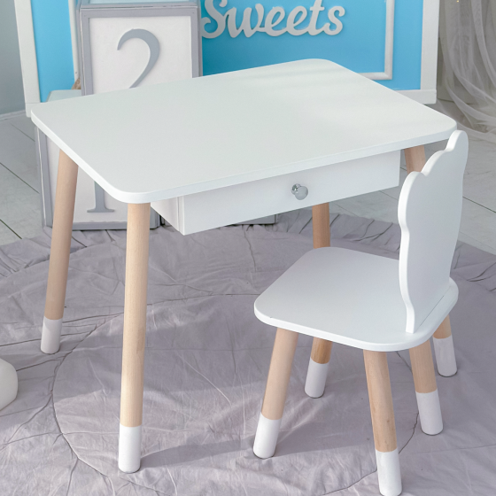 Стіл прямокутний з висувним ящиком 46х60х45 і стілець медвежа 26х26х24, столик та стільчик в дитячу, білий Київ