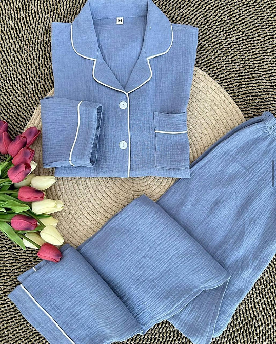 Женский базовый домашний костюм качественный турецкий муслин Голубой, 42/44 Одесса - изображение 1