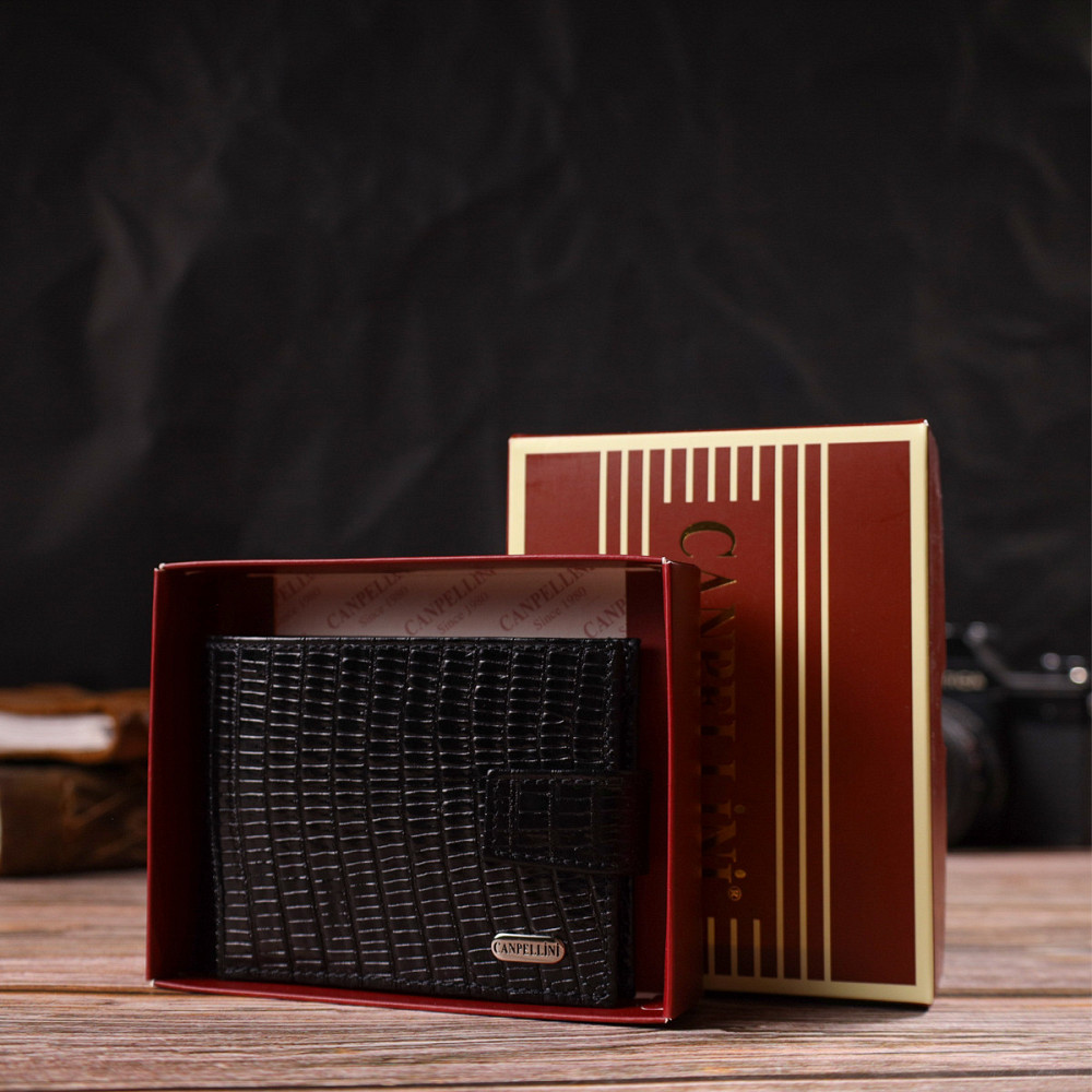 Лаковане компактне портмоне для чоловіків із натуральної фактурної шкіри CANPELLINI 21751 Чорне Київ - фото 10