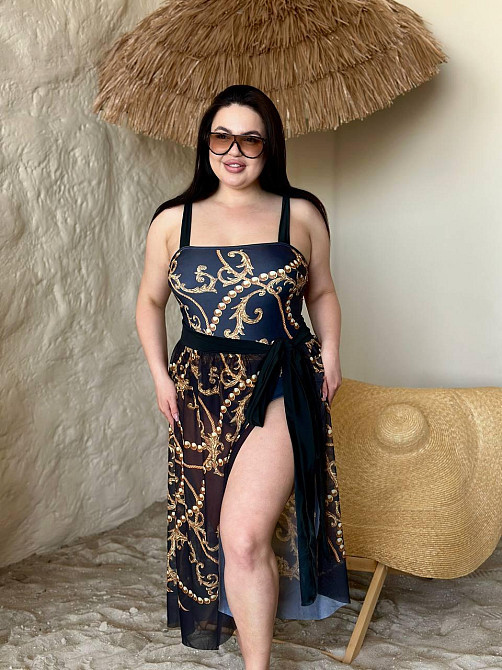 Женский сдельный купальник больших размеров с парео plus size с поролоновыми чашками и принтом бифлекс черный 3XL Одесса - изображение 2