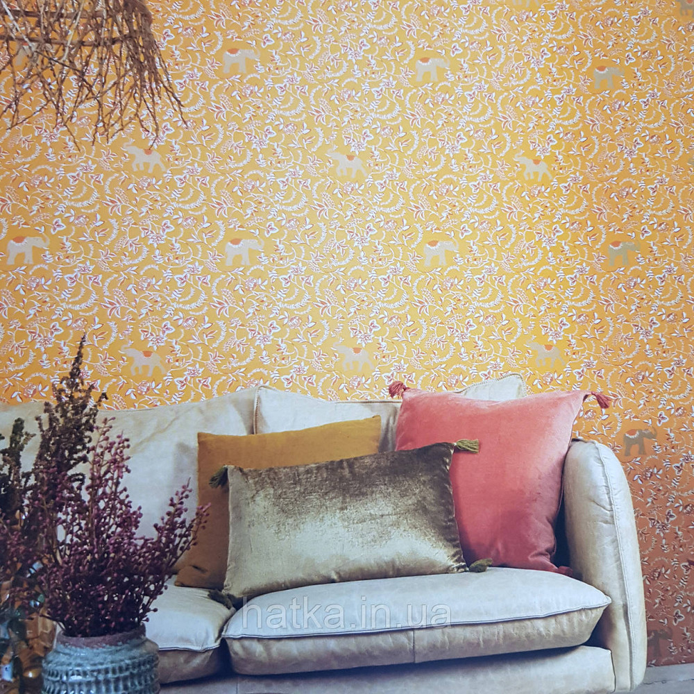 Шпалери вінілові на флізелін Caselio Mystery 0.53х10 м яскраві квіти білі червоні слони золотом на Київ - фото 1