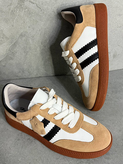 Кросівки жіночі Hengji 375-3 samba шкіряні на коричневій підошві білі з бежевим, 39, 24,5 см Київ - фото 11