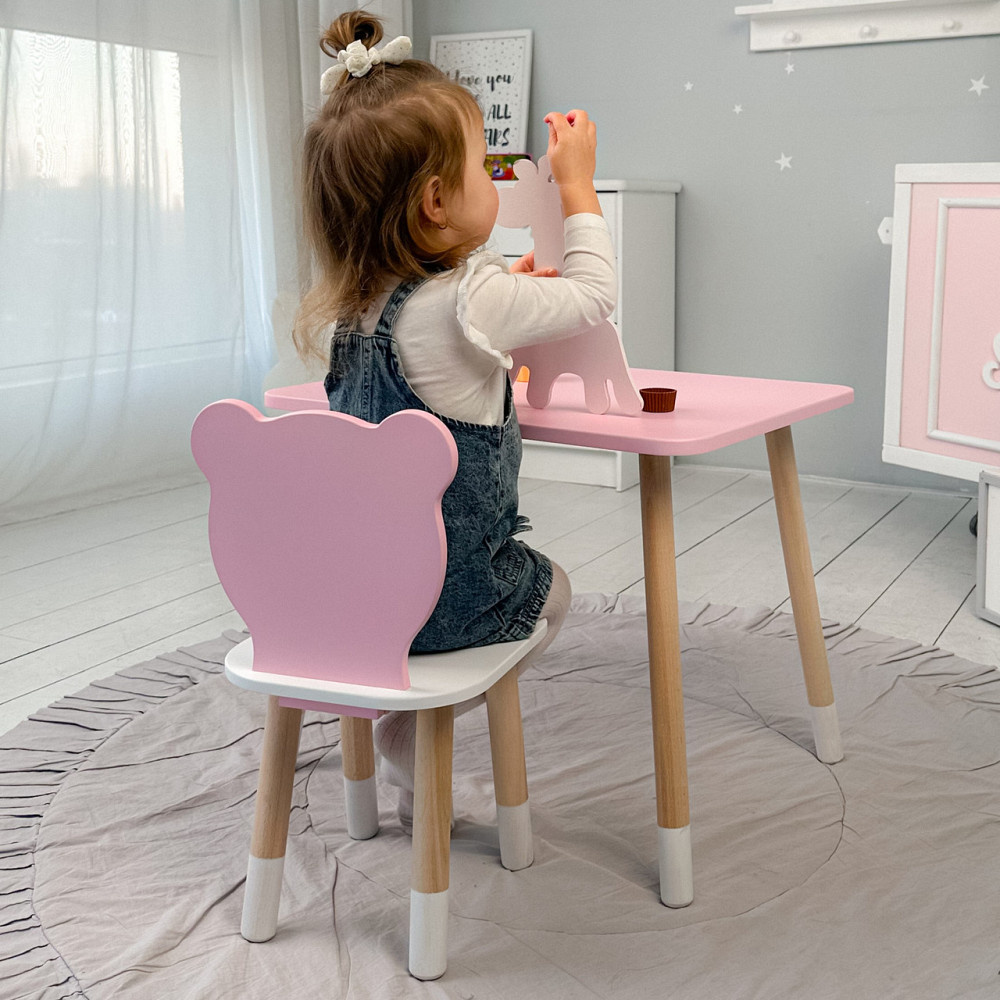 Стіл прямий 46х60х45 і стілець мордочка медведика 26х26х24, столик та стільчик для дівчинки, рожевий з білим Київ - фото 4
