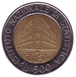 70 років Національному інституту статистики. Монета 500 лір. 1996 рік, Італія. Полтава - фото 1