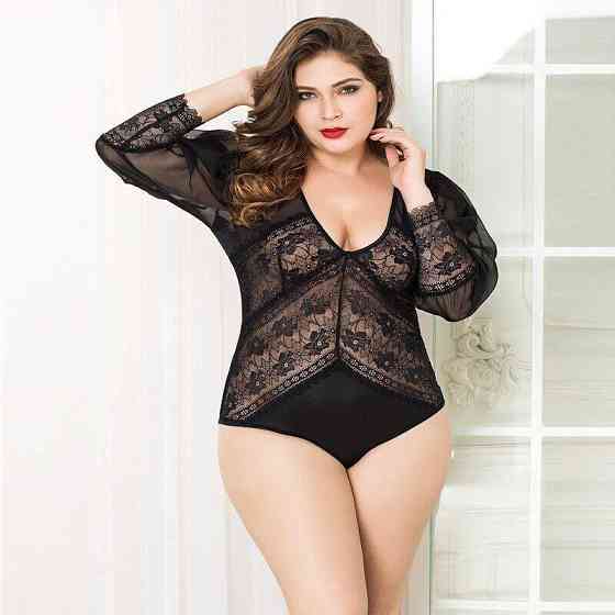 Мереживне боді JSY «Спокуслива Мері» Plus Size, Black, рукави-ліхтарики, дрібна сітка Sex Aura Київ