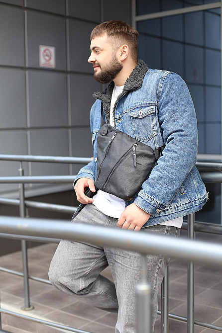 Мужская сумка из натуральной кожи, сумка через плечо SKILL Cross body (Черная) Сумы - изображение 3