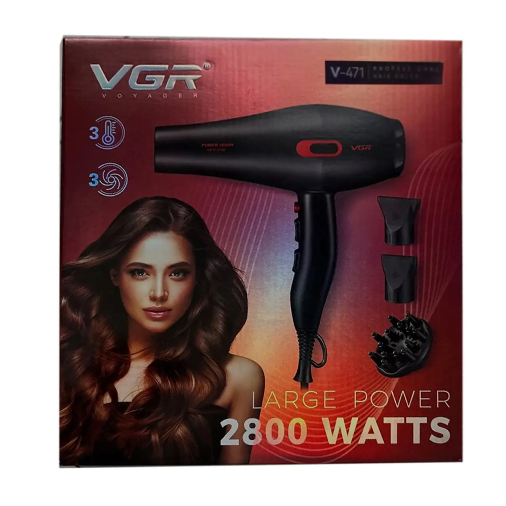 Фен професійний VGR V-471 (3 рівні обдування, 3 рівні температури) 2800 W 3 насадки Чорний Вінниця - фото 8