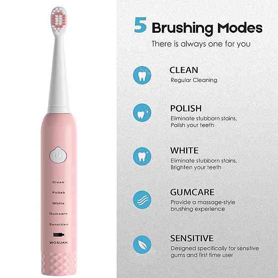 Звукова електрична зубна щітка WOSUKK Sonicare 2-in-1 Pink — Акумуляторна щітка на 5 режимів + 4 насадки Київ