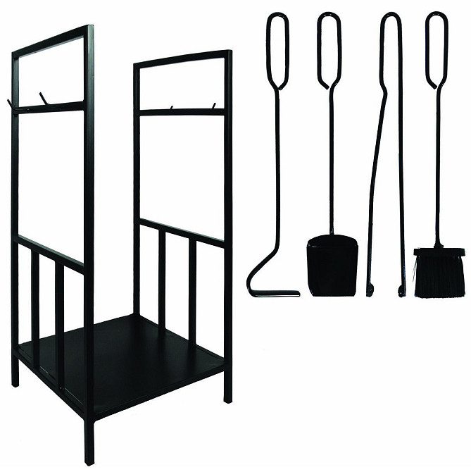 Кований набір для каміну LOFT №9 з дровницею (стійка, совок, щітка, кочерга, щипці) Київ - фото 1