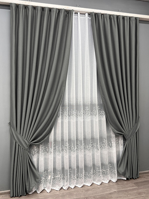 Комплект штор VR-Textil Шеніл 100х270 2шт і Тюль 400х270 1592ш-1680т Сірий з білим 71-195/2 Київ - фото 2