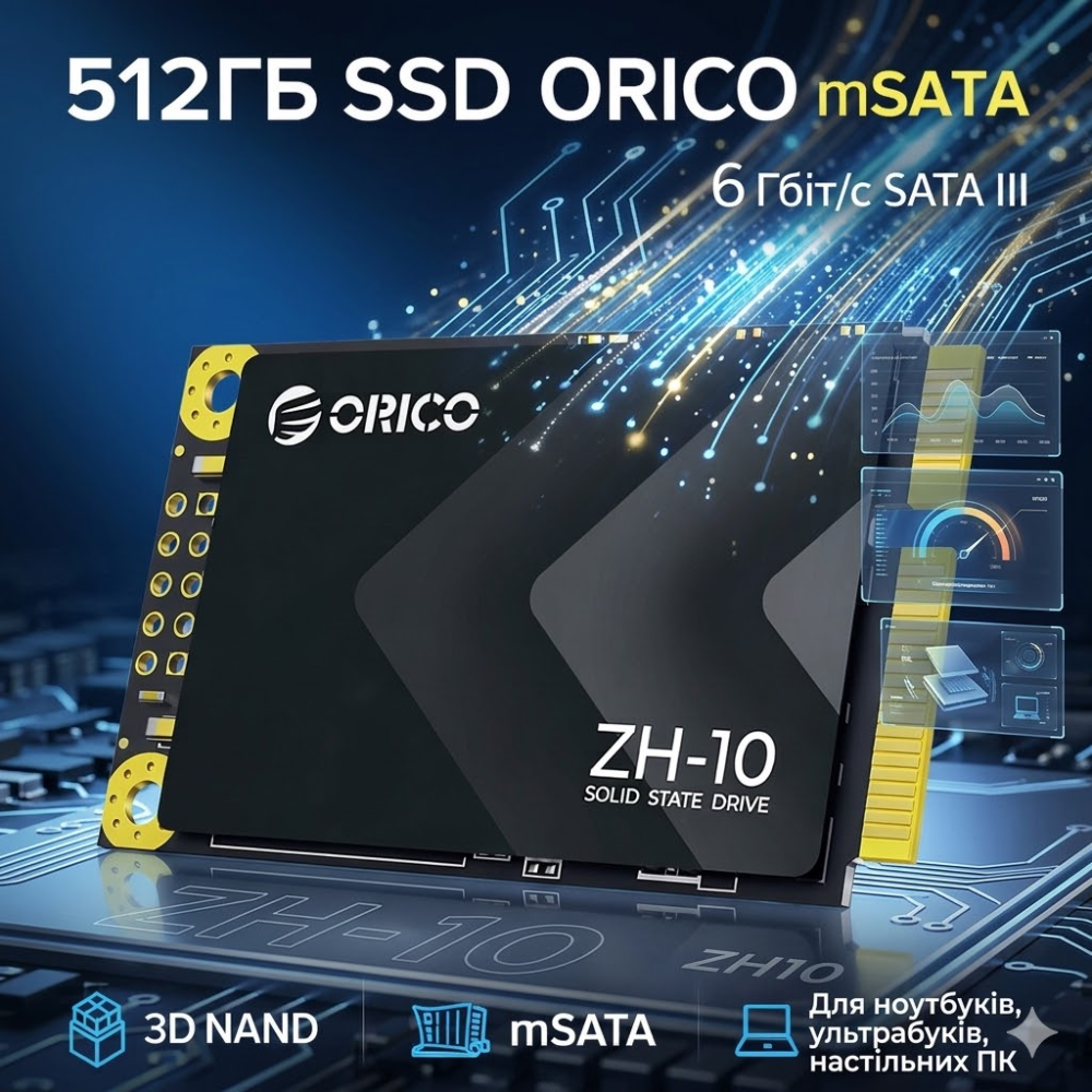 Твердотільний накопичувач ORICO 512 ГБ mSATA SATA III, 6 Гбіт/с 3D NAND для ноутбуків, ультрабуків, настільних комп'ютерів, ZH10 Київ - фото 1