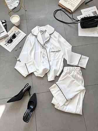 Жіноча легка піжама подвійна: сорочка та штани шовк Білий, 46/48 Одеса
