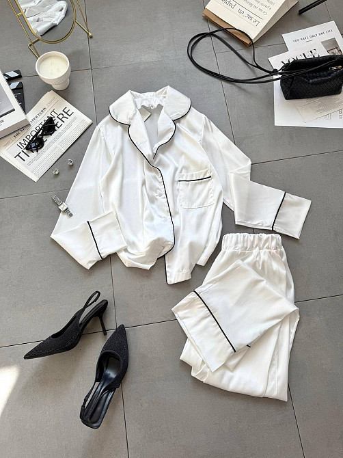 Жіноча легка піжама подвійна: сорочка та штани шовк Білий, 46/48 Одеса - фото 3