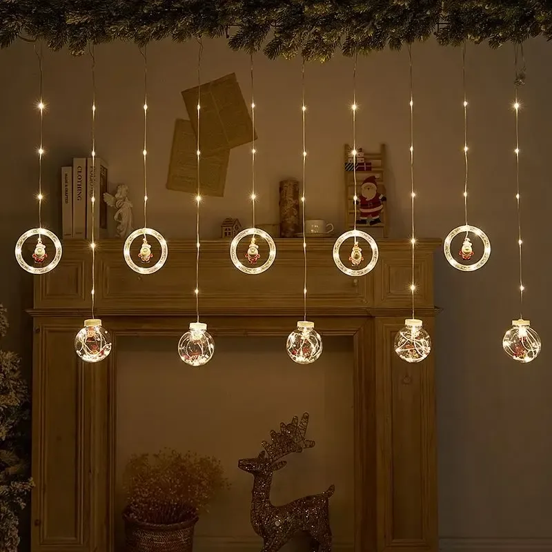 Гирлянда штора 3м с теплым желтым свечением "Круги и шары" елка, снеговик, дед мороз, олень, шапка SF-50 Коломия - фото 1