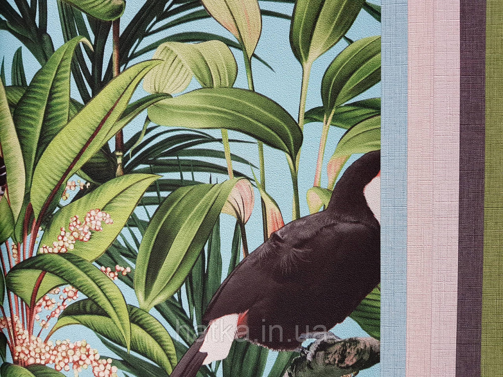 Шпалери метрові вініл на флізелін Erismann Nature soul квіти листя тропіки птиці метелики на бірюзовому Київ - фото 2