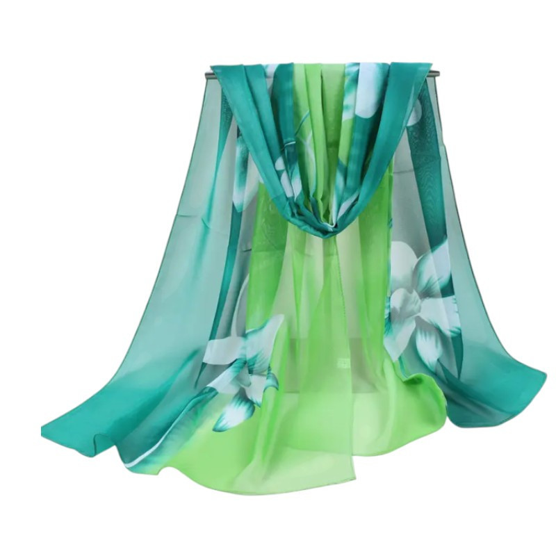 Женский шарф с цветами шифоновый 150 на 48 см зеленый Киев - изображение 2