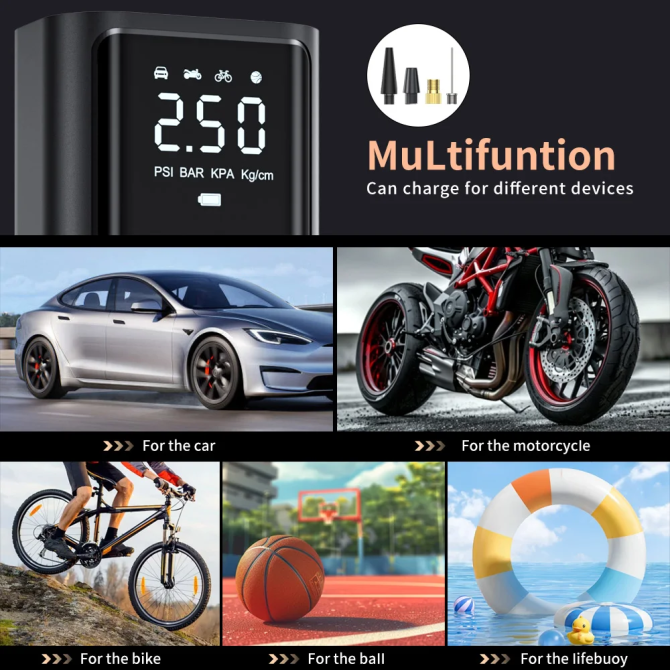 Насос акумуляторний цифровий COB-B6-01 (ZZLWN-081) 100 W Type-C з функцією PowerBank, ліхтариком, сумкою та перехідниками Вінниця - фото 8
